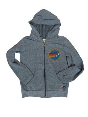 Aviator Nation Kids Heather Gray Zip Hoodie with Rainbow Patch Venice CA Size 10
